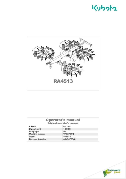 Kubota RA4513 Rakes 4 rotors 2016 A145476540 Operation Maintenance Manual PDF download