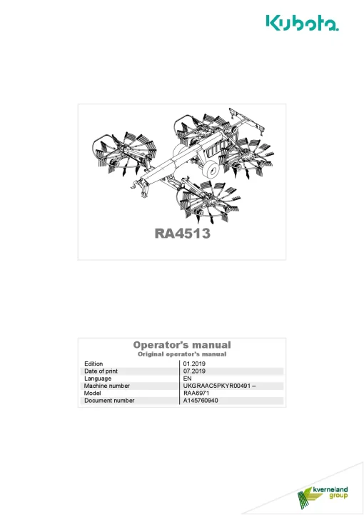 Kubota RA4513 Rakes 4 rotors2019 A145760940 Operation Maintenance Manual PDF download