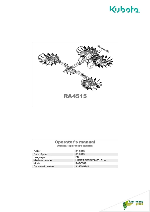 Kubota RA4515 Rakes 4 rotors 2019 Operation Maintenance Manual PDF download