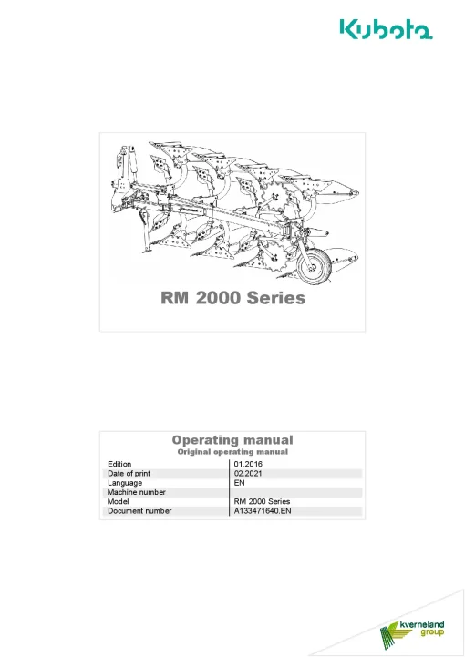 Kubota RM2000 SERIES Ploughs Reversible Mounted 2016 Operation Maintenance Manual PDF download