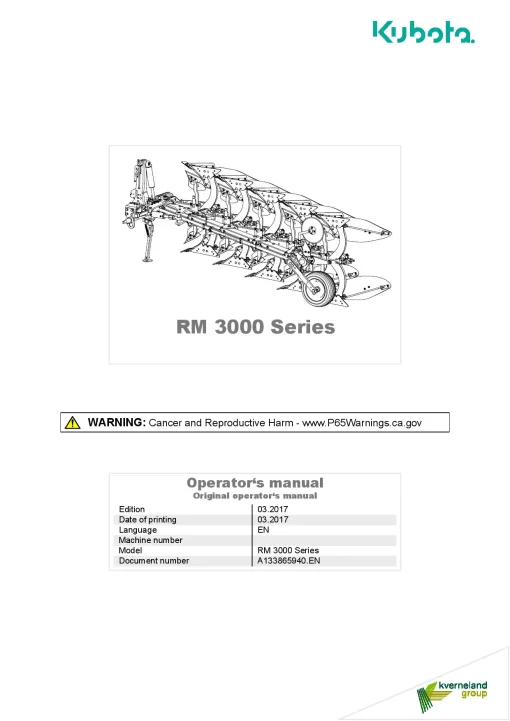 Kubota RM3000 SERIES Ploughs Reversible Mounted 2017 North America Operation Maintenance Manual PDF download