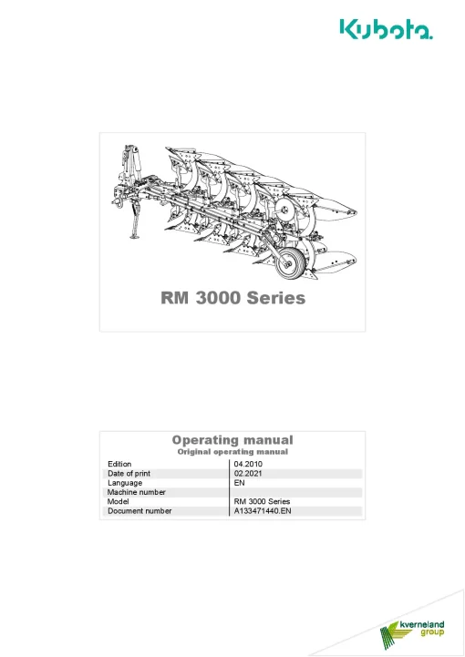 Kubota RM3000 SERIES Ploughs Reversible Mounted 2021 Operation Maintenance Manual PDF download