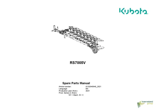 Kubota RS 7005 Variomat Ploughs Reversible Semi-mounted 2021 Parts Manual Catalog Pdf Download