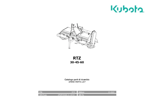 Kubota RTZ 30-45-60 Rotary tillers 2020 Parts Manual Catalog Pdf Download