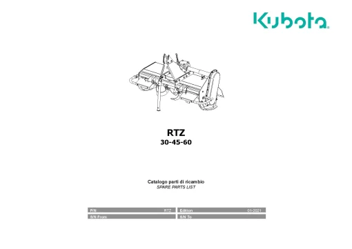 Kubota RTZ 30-45-60 Rotary tillers 2021 Parts Manual Catalog Pdf Download