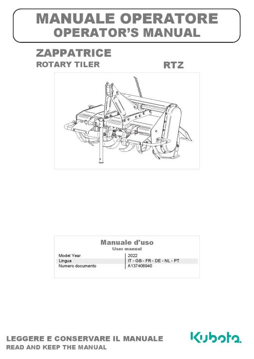 Kubota RTZ Rotary tillers 2022 Operation Maintenance Manual PDF download