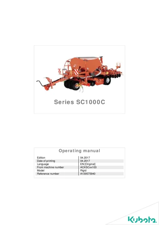 Kubota SC1000C Seeding combination Integrated 2017 Operation Maintenance Manual PDF download