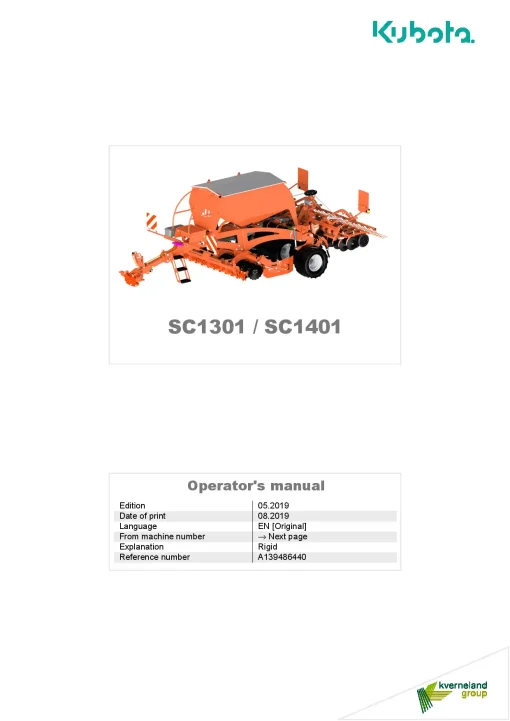 Kubota SC1301 SC1401 Seeding combination Integrated 2019 Operation Maintenance Manual PDF download