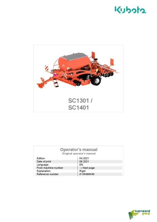 Kubota SC1301 SC1401 Seeding combination Integrated 2021 Operation Maintenance Manual PDF download