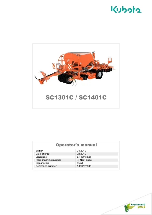 Kubota SC1301C SC1401C Seeding combination Integrated 2019 Operation Maintenance Manual PDF download