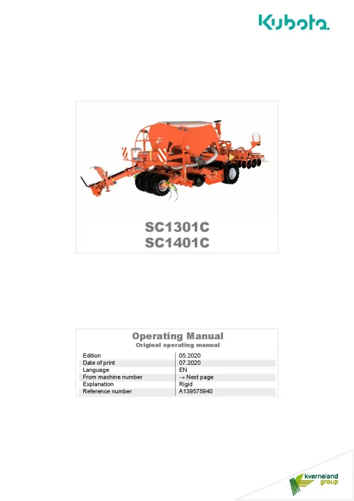 Kubota SC1301C SC1401C Seeding combination Integrated 2020 Operation Maintenance Manual PDF download