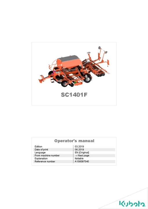 Kubota SC1401F Seeding combination Integrated 2019 Operation Maintenance Manual PDF download