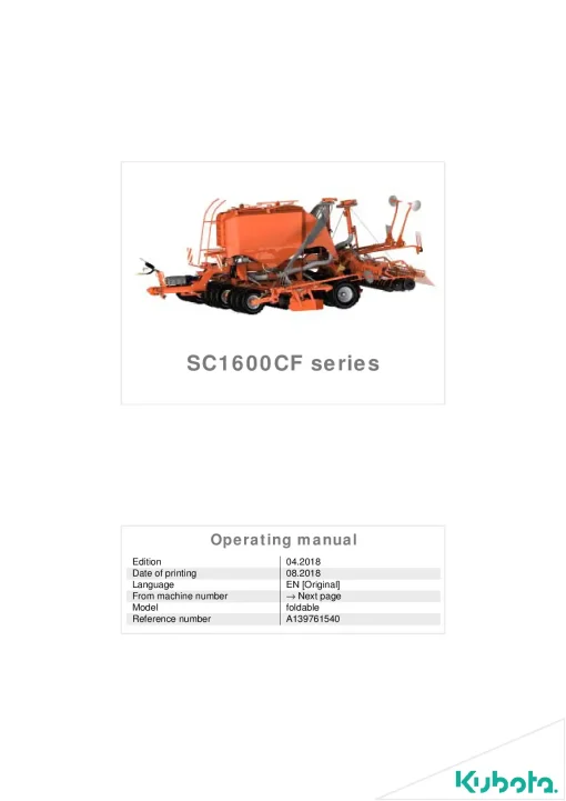 Kubota SC1600CF Seeding combination Integrated 2018 Operation Maintenance Manual PDF download