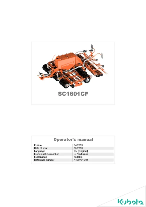 Kubota SC1601CF Seeding combination Integrated 2019 Operation Maintenance Manual PDF download