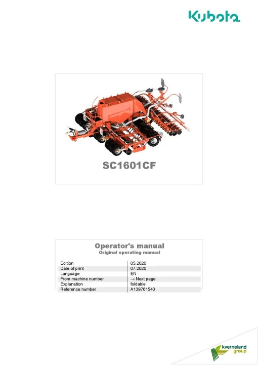 Kubota SC1601CF Seeding combination Integrated 2020 Operation Maintenance Manual PDF download