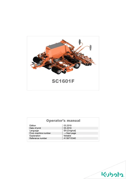 Kubota SC1601F Seeding combination Integrated 2019 Operation Maintenance Manual PDF download