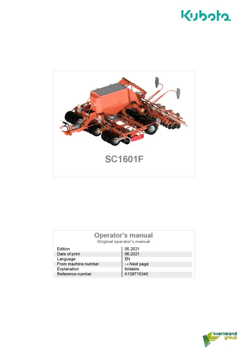 Kubota SC1601F Seeding combination Integrated 2021 Operation Maintenance Manual PDF download