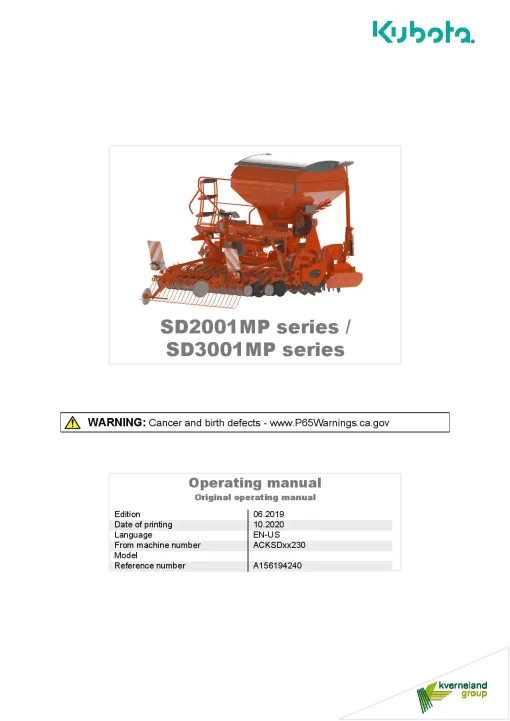 Kubota SD-2001 3001-MP Seed drills Cultivator mounted 2020 Operation Maintenance Manual PDF download
