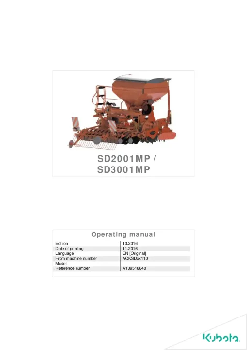 Kubota SD2001MP SD3001MP Seed drills Cultivator mounted 2015 Parts Manual Catalog Pdf Download