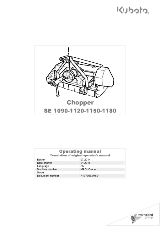 Kubota SE- 1090 1120 1150 1180 Choppers 2014 Operation Maintenance Manual PDF download