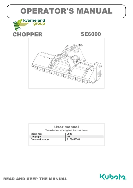 Kubota SE6000 Choppers 2022 Operation Maintenance Manual PDF download