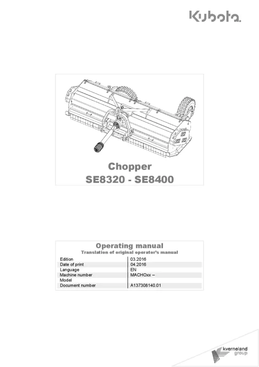 Kubota SE8320-8400 Choppers 2016 Operation Maintenance Manual PDF download