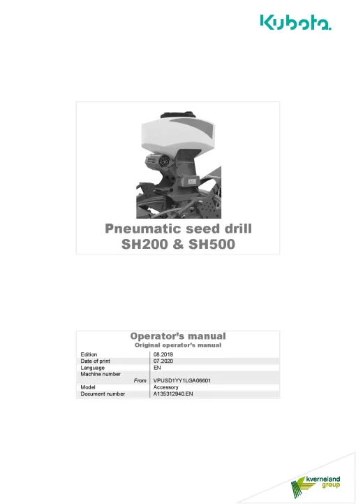 Kubota SH200 SH250 Seed drills Pneumatic 2020 Operation Maintenance Manual PDF download