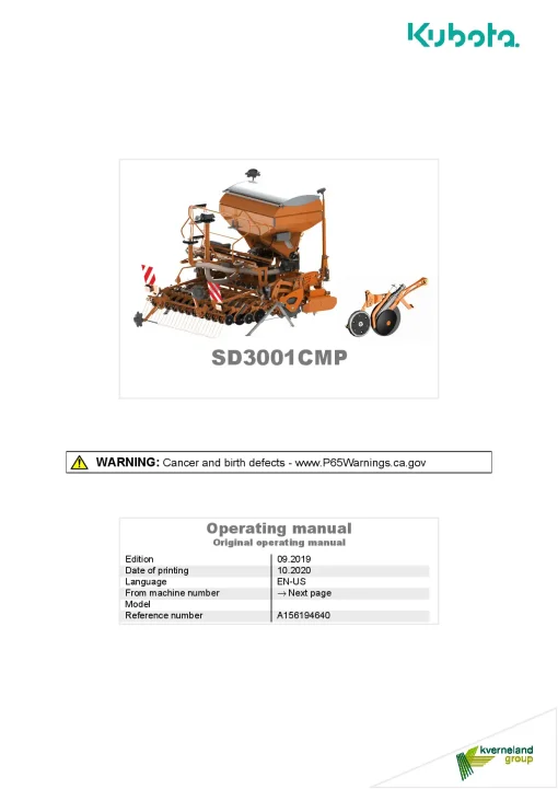 Kubota SH3001CMP Seed drills Pneumatic 2020 Operation Maintenance Manual PDF download