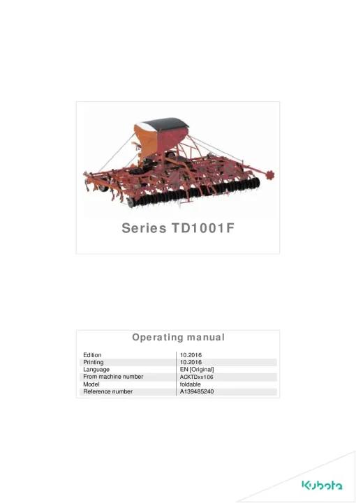 Kubota TD1000F Seeding combination Integrated 2016 Operation Maintenance Manual PDF download