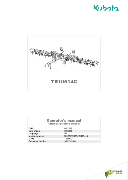 Kubota TE10514C Tedders 2018 Operation Maintenance Manual PDF download