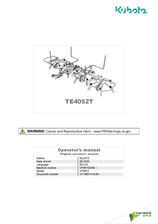 Kubota TE4052T Tedders 2013 North America Operation Maintenance Manual PDF download
