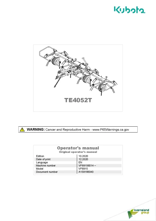 Kubota TE4052T Tedders 2020 North America Operation Maintenance Manual PDF download