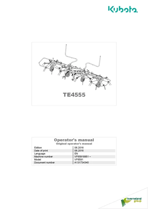 Kubota TE4555 Tedders 2016 Operation Maintenance Manual PDF download