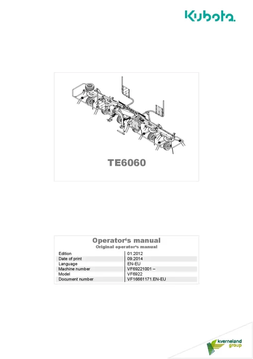 Kubota TE6060 Tedders 2014 Operation Maintenance Manual PDF download