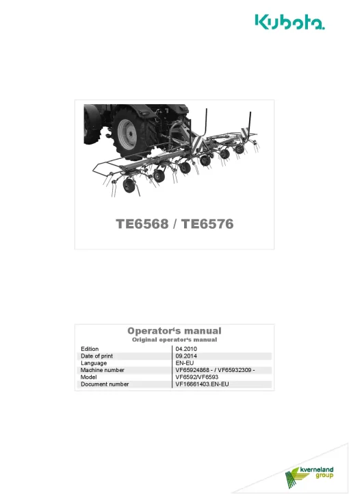 Kubota TE6568 TE6576 Tedders 2014 Operation Maintenance Manual PDF download