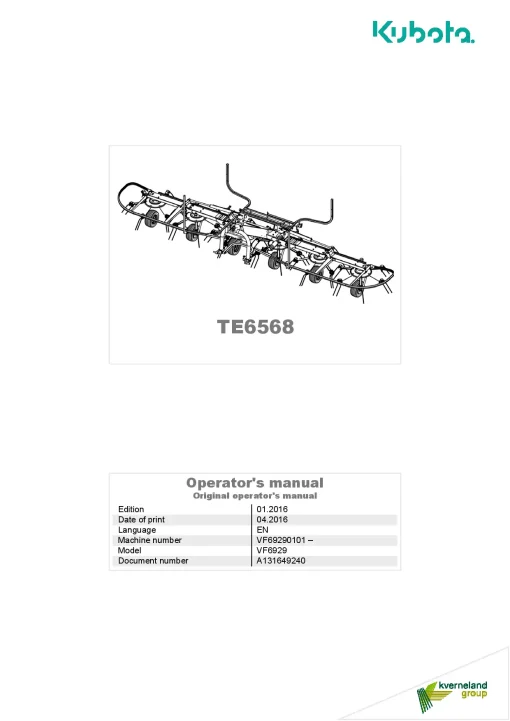 Kubota TE6568 Tedders 2016 Operation Maintenance Manual PDF download