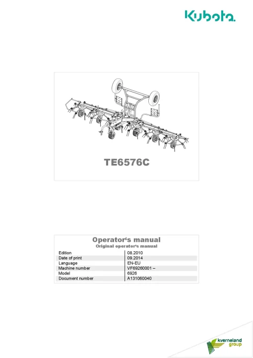 Kubota TE6576C Tedders 2014 Operation Maintenance Manual PDF download