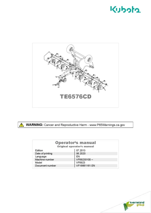 Kubota TE6576CD Tedders 2020 North America Operation Maintenance Manual PDF download