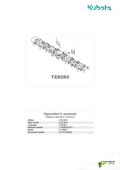 Kubota TE8080 Tedders 2015 Operation Maintenance Manual PDF download