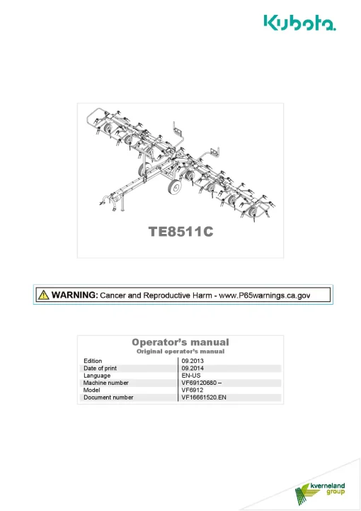 Kubota TE8511C Tedders 2013 VF16661520 North America Operation Maintenance Manual PDF download