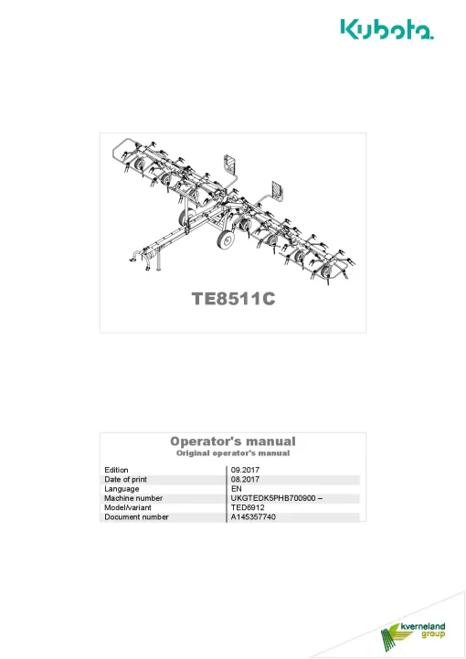 Kubota TE8511C Tedders 2017 Operation Maintenance Manual PDF download