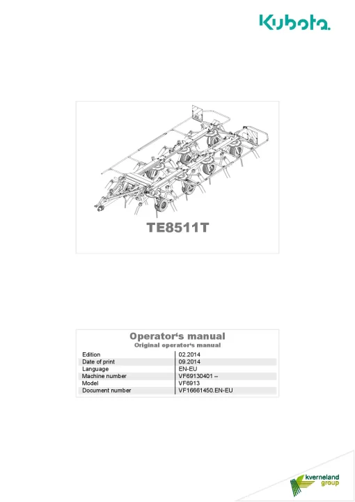 Kubota TE8511T Tedders 2018 Operation Maintenance Manual PDF download