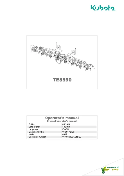 Kubota TE8590 Tedders 2014 Operation Maintenance Manual PDF download