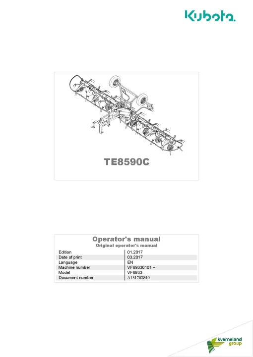 Kubota TE8590C Tedders 2017 Operation Maintenance Manual PDF download