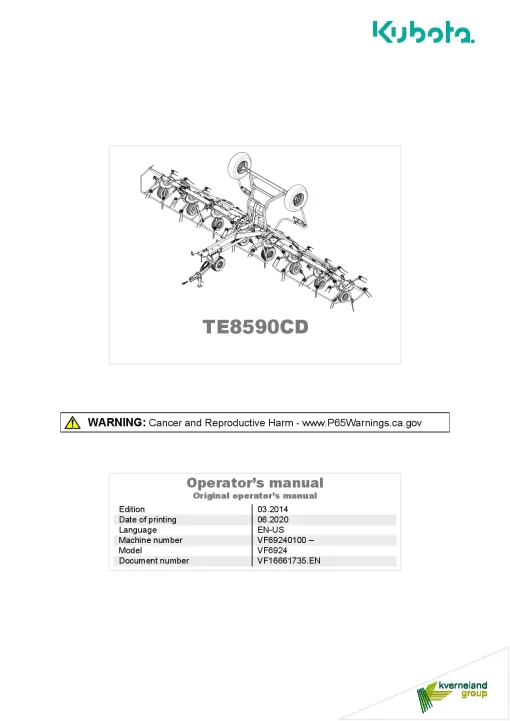Kubota TE8590CD Tedders 2020 North America Operation Maintenance Manual PDF download