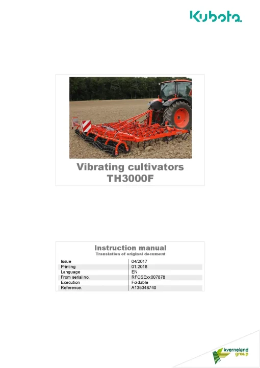 Kubota TH3000F Vibrating Cultivators 2018 Operation Maintenance Manual PDF download