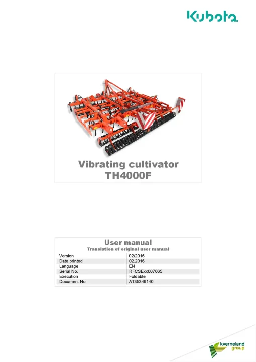 Kubota TH4000F Vibrating Cultivator 2016 Operation Maintenance Manual PDF download