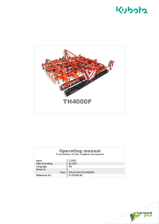 Kubota TH4000F Vibrating Cultivator 2020 Operation Maintenance Manual PDF download