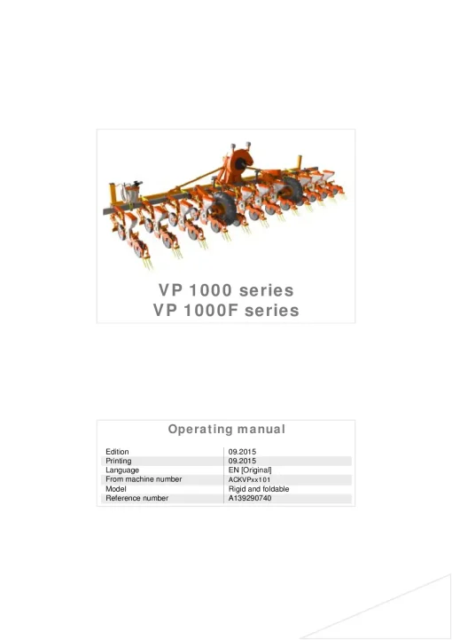 Kubota VP1000 VP1000F Precision drills Pneumatic 2015 Operation Maintenance Manual PDF download