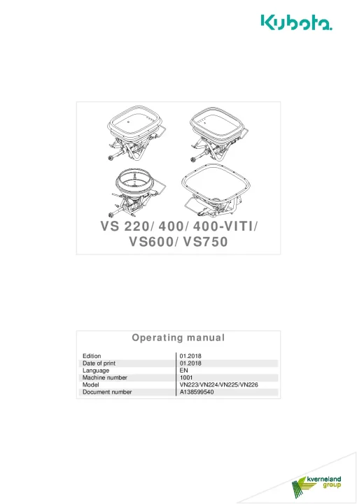 Kubota VS400VITI VS- 220 400 600 750 Spreaders 2018 A138599540 Operation Maintenance Manual PDF download